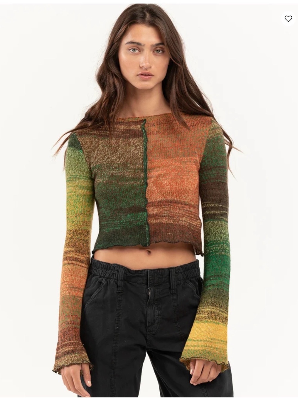 Urban Outfitters Flute Sleeve Light knit Cropped Sweater Green Combo 70s Fall